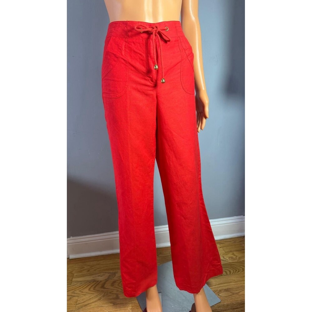 Sharagano Pants Womens 6 Red Ramie Rayon Wide Leg Drawstring Trousers NWT Summer